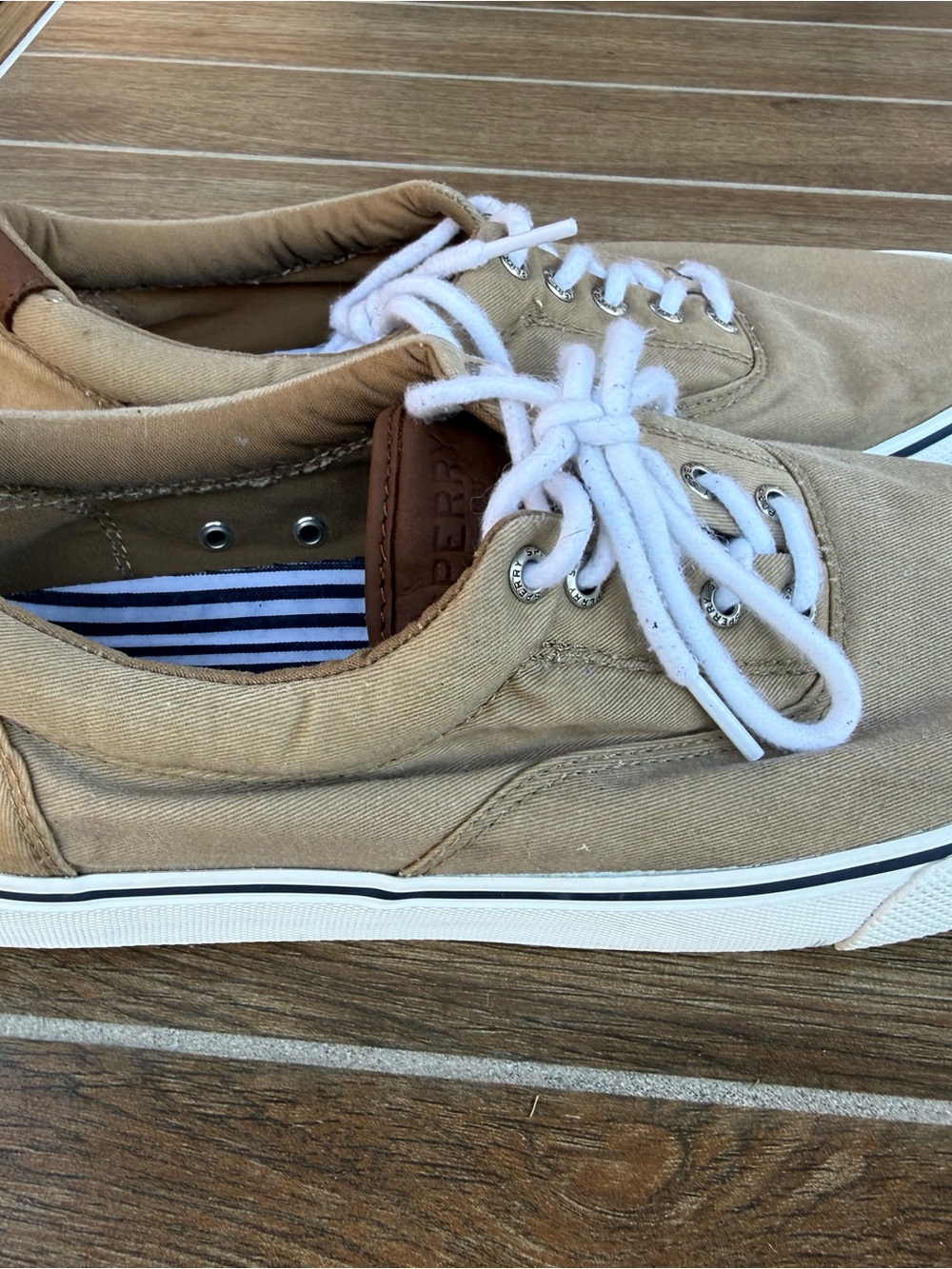 Sperry Men’s Tan Canvas Boat Shoes with White Laces